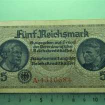 5 рейхсмарок, funf,Германия,оккупационные марки,1939-45г.,VF, в г.Ереван