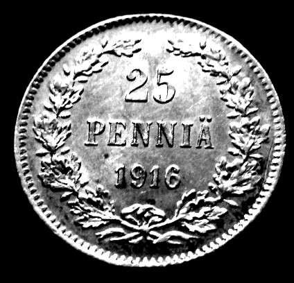 Редкая, серебряная монета 25 пенни 1916 год