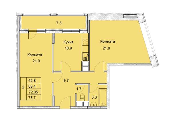 2-х комнатная квартира улица Советская, дом 6, площадь 72,05 в Королёве фото 5