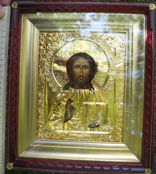 Икона Вседержитель, оклад латунь, золочение, киот, Софрино в Ставрополе фото 6