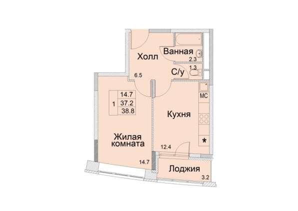 1-к квартира, улица Советская, дом 1, площадь 38,8, этаж 2